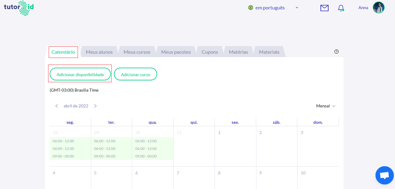 Fig. 1. Botão de adicionar Disponibilidade